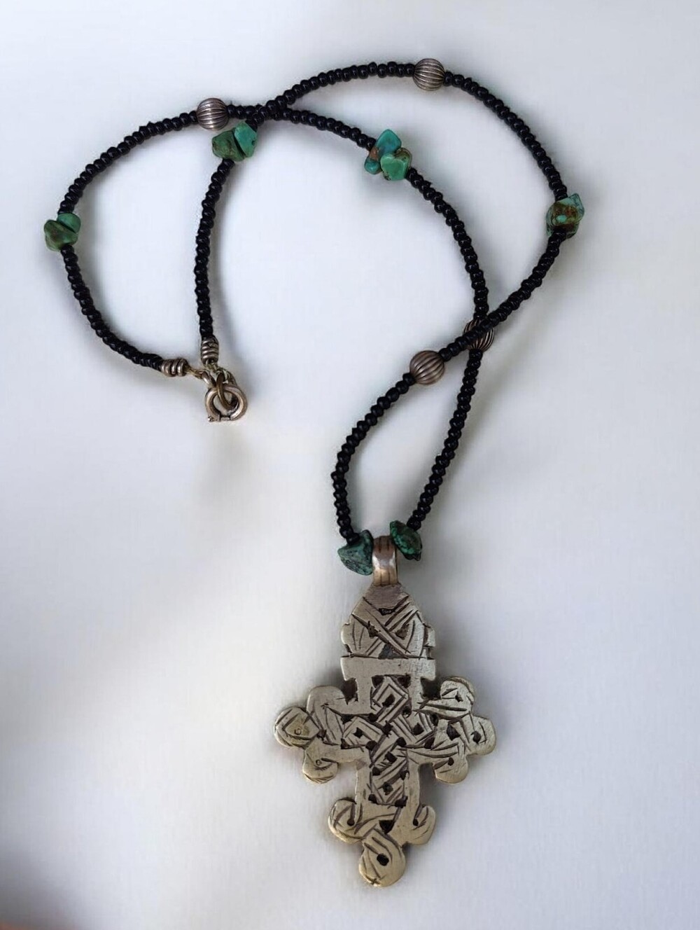 Vintage Sterling Ethiopian Coptic Cross Pendant Necklace With Turquoise - Picture 3 of 3